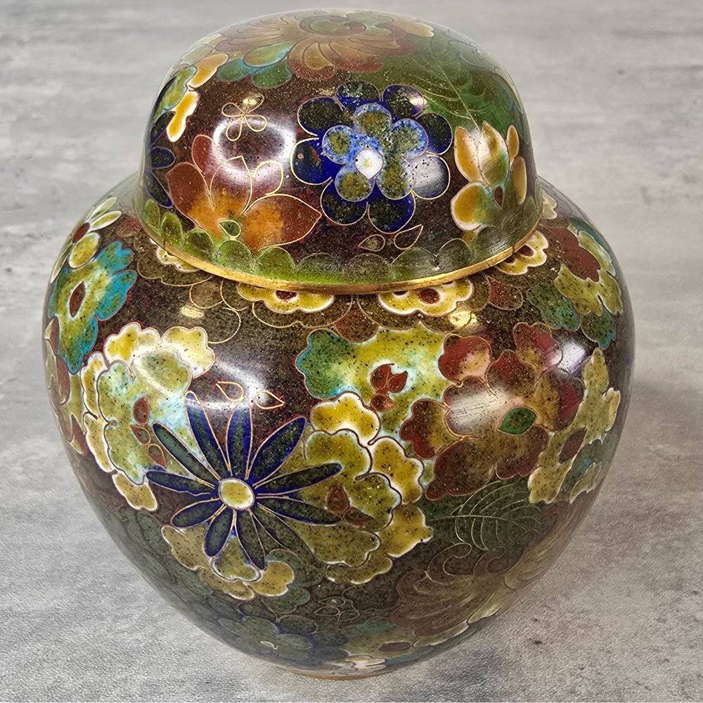 Vintage Chinese Cloisonne Ginger Jar Floral Enamel Lidded Vase Ginger Pot China